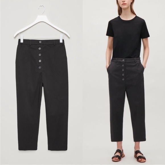 COS Buttoned Fly Drop-Crotch Trousers Harem Black Cropped Pants Cotton Size 8 - Picture 5 of 9